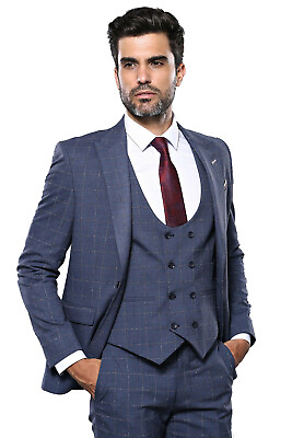 #ad Men 3pc European Suit WESSI by J.VALINTIN Extra Slim Fit JV33 Navy Window Pane $74.99