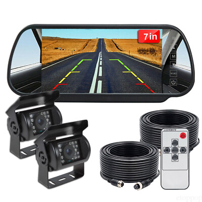 #ad Touch Button 7 Inch Car Monitor Rear View Mirror 2x Backup Camera 12 24v Trailer $76.99