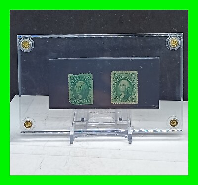 #ad Early US Used Stamp Scott #35 #68 Green Washington In Acrylic Case With Stand $99.99