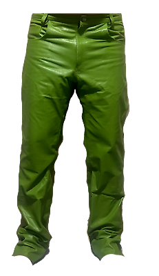 #ad Men#x27;s Genuine Leather Pant Jeans Style 5 Pockets Motorbike Green Pants New $81.99