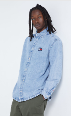 #ad Tommy Jeans Men#x27;s Denim Long Sleeve Shirt Light Indigo Large $24.68