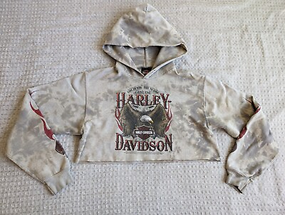 #ad Harley Davidson Hoodie Women Small Brown Tie Dye Cropped Roswell NM Two Sided $33.14