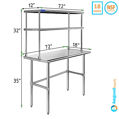 18quot; x 72quot; Stainless Steel Open Base Table With 12quot; Wide Double Tier Overshelf $574.95