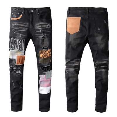 #ad Men#x27;s Ripped Embroidery Patchwork Stretch Ripped Leopard Skinny Fit Denim Jeans $58.48