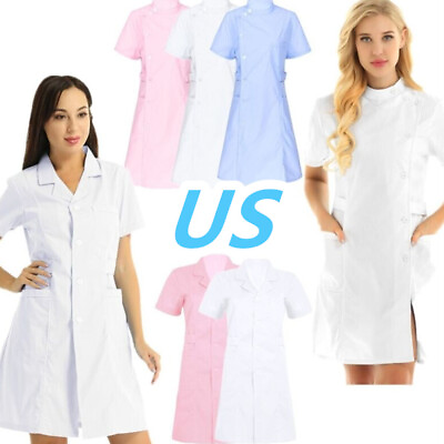 #ad US Women Solid Hospital Doctor Nurse Uniform Dress Short Sleeve Scrub Lab Coat $22.89