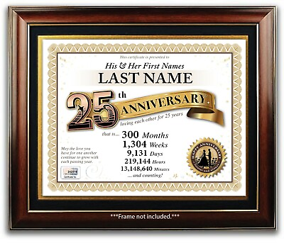 #ad PERSONALIZED HAPPY 25th WEDDING ANNIVERSARY CERTIFICATE 25 Years PRESENT GIFT $14.99