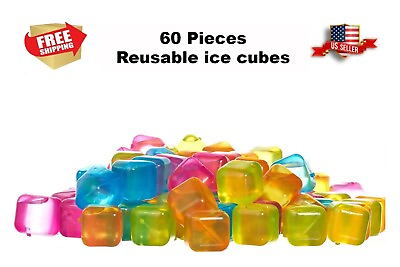 #ad 60 Piece Plastic Reusable Ice Cubes Coolers Refreeze Pool Party BPA FREE $11.83