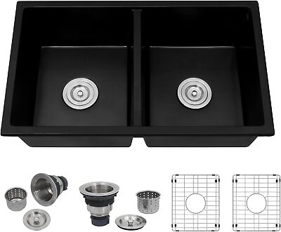 #ad Quartz Black Kitchen Sink Double Bowl Granite Composite $190.99