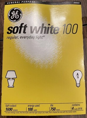 #ad GE 100 Watt Soft White Light Bulbs Incandescent 4 Bulbs A19 new old stock $11.95