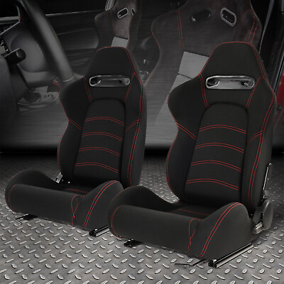 #ad Pair Universal Black Woven Fabric Red Double Stitching Reclinable Racing Seats $249.99
