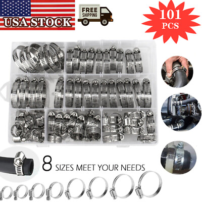#ad 101pcs Adjustable Hose Clamps Worm Gear Stainless Steel Clamp Assortment 8 Sizes $17.99
