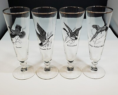 #ad 4 Federal Glass Co. Silver Rimmed Wild Bird Pilsner Glasses 8 1 4quot; Tall $31.49