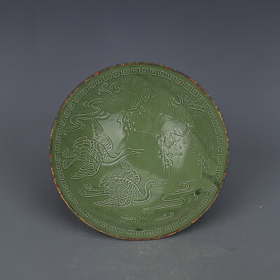 #ad 9quot; Song Ding Kiln Copper clad Porcelain Green Glaze Carve Pine Tree Crane Bowl $129.00