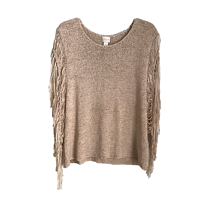 #ad Chico#x27;s Totally Taupe Tarrin Tape Yarn Fringe Poncho NEW Size S M $95.00