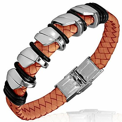 #ad Stainless Steel White Braided Leather Mens Bracelet $19.99