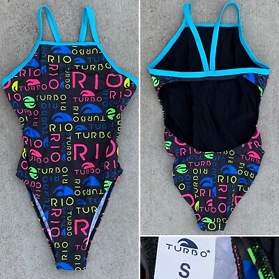 #ad Turbo One Piece Swimsuit All Over Print Neon Spell Out TURBO RIO Size S small $71.73