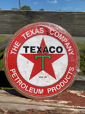 #ad Texaco Petroleum Products Round Metal Sign Tin Vintage Garage Gas Oil Rustic $16.95