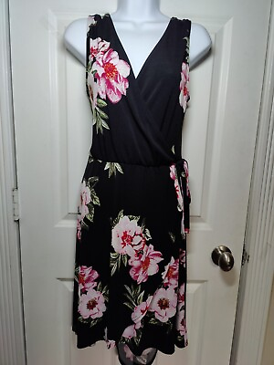 #ad Hope amp; Harlow Black Pink Floral Faux Wrap Sleeveless Dress Stretch M $18.00