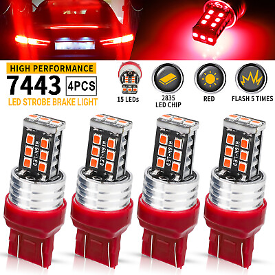 #ad 4PCS 7443 7440 LED Red Strobe Flash Blinking Brake Stop Tail Parking Light Bulbs $7.89