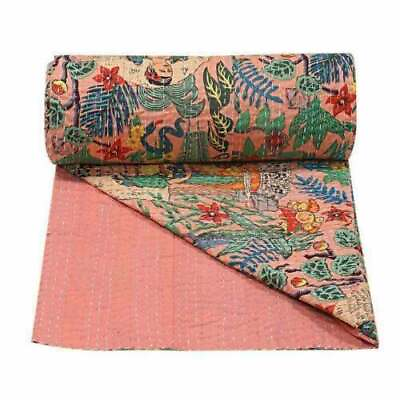 #ad Indian Handmade Floral Kantha Quilt Reversible Bedspread Double Cotton Coverlet $51.71