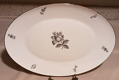 #ad Vita Craft Midnight Rose 14quot; Oval Serving Platter Gray Center Rose Platinum EUC $10.95