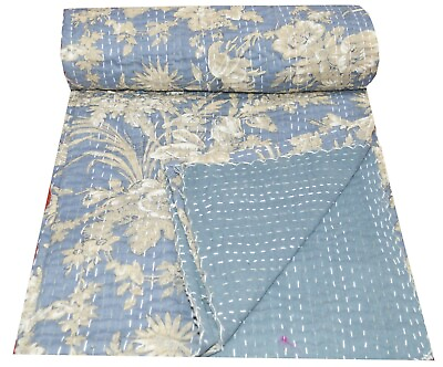 #ad Indian Handmade Floral Kantha Quilt Reversible Bedspread Twin Cotton Coverlet $44.99