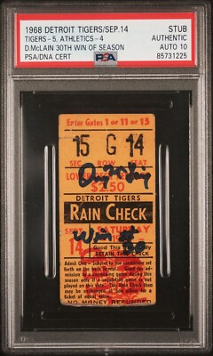 #ad DENNY MCLAIN SIGNED 30TH WIN OF SEASON TICKET🎟️9 14 1968 TIGERS A’s PSA AUTO 10 $2999.00