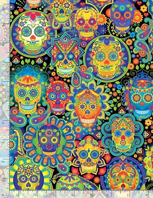 #ad Southwest Fabric Rainbow Sugar Skulls on Black Timeless Treasures YARD $10.98
