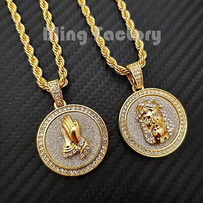#ad Hip Hop Iced Jesus Face amp; Praying Hands Pendant amp; 24quot; Rope Chain Bling Necklace $11.99