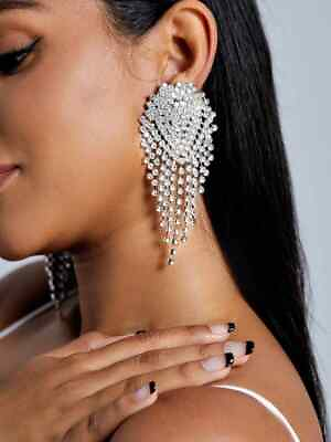 #ad 4quot; Long Big Large Crystal Stud Earrings Glass Rhinestone Glam Silver Tone Prom $14.95