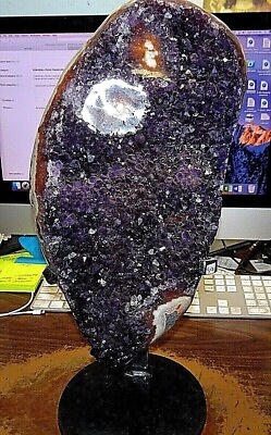 AMETHYST CRYSTAL CATHEDRAL GEODE URUGUAY; CLUSTER STEEL STAND STALACTITE BASE $809.19