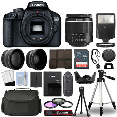#ad Canon EOS 4000D Rebel T100 SLR Camera 3 Lens Kit 18 55mm 16GB Flash amp; More $389.95