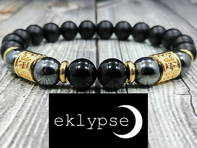 #ad 8quot;L HIP 10mm Black PolishedMatte Onyx Hematite Gemstone Bead Mens Gold Bracelet $18.99
