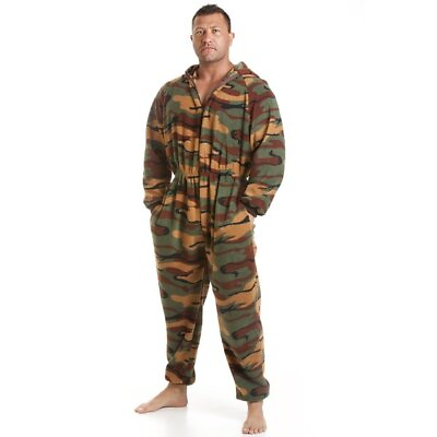 #ad Camille Mens All In One Warm Fleecy Hooded One Piece Army Camouflage Print GBP 47.99
