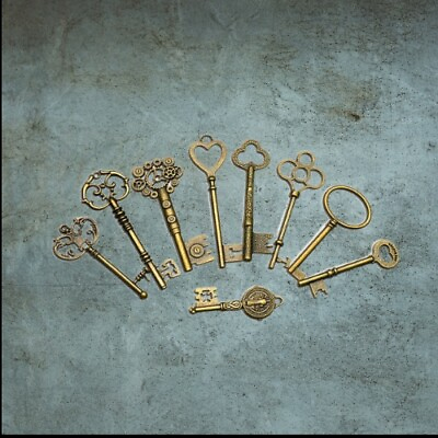 #ad 9pcs set Vintage Antique Bronze Skeleton Keys Cabinet Barrel Old Lock For Diy $7.20