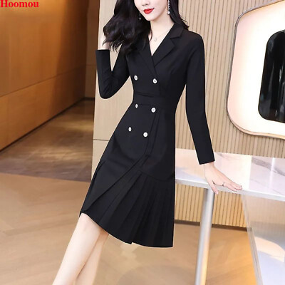 #ad Korean Women Pleated High Waist A line Business Workwear Cocktail Shirt Dress $17.75