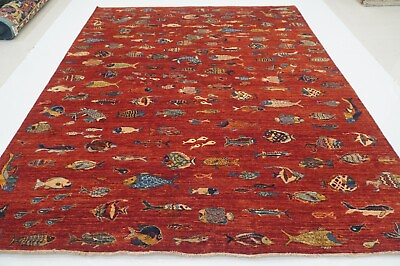 8 x 10 ft Red Fish Gabbeh Afghan Hand Knotted Wool Tribal Area Rug $2399.00