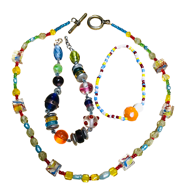 #ad Vintage Multi Color Art Glass Beaded Necklace Bracelets Lot Cube Foil Jewelry $7.90