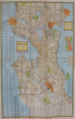#ad 1954 Kroll SEATTLE New City Limits Street Map Bus Routes Piers Lake Washington $69.99