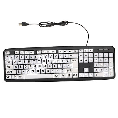 #ad USB Wired PC Keyboard High Contrast Large Print White Keys Black Letter G8I8 $17.83