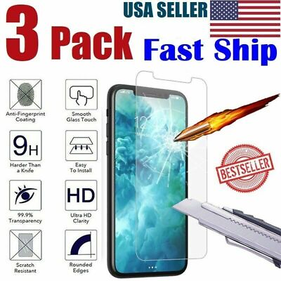 #ad 3 Pack For iPhone 15 14 13 12 11 Pro Max Clear Tempered Glass Screen Protector $1.89