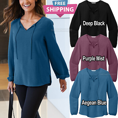 #ad Ladies Textured Crepe Flowy Blouse Womens Long Sleeve Fashion Top XS 4XL NEW $26.14