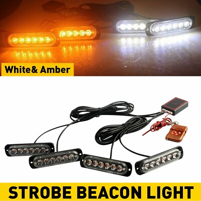 #ad 4X Amber White 6 LED Car Truck Urgent Beacon Warning Hazard Flash Strobe Light $17.99
