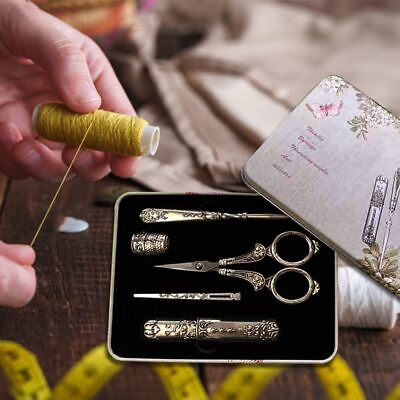 #ad 5Pcs European Vintage Silver Embroidery Sewing Scissors Thimble Needle Case Gift $21.14