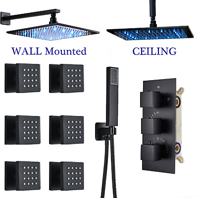 #ad Black Ceiling Wall Thermostatic Shower System Faucet Shower Mixer Massage Jets $169.00