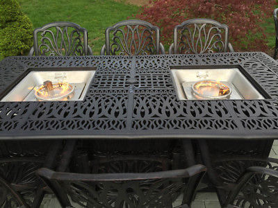 #ad Propane Fire pit dining table 9 Piece Outdoor Set Cast Aluminum Double Burner. $3798.00