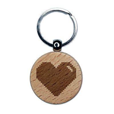#ad Pixel Digital Filled Heart Gaming Life Engraved Wood Round Keychain Tag Charm $9.99