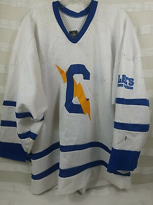 #ad Vintage Chargers Hockey Jersey Stitched Size Large Coggins Chargers Hockey WOW $34.99