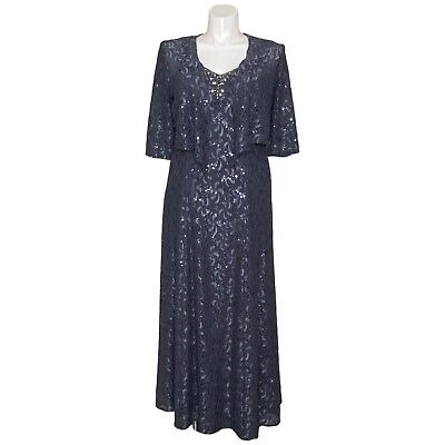 #ad Alex Evenings NWT Blue Smoke Sequin amp; Beaded Lace Gown amp; Bolero Jacket Size 14 $109.99