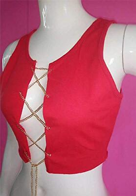 Khaleesi Womens Open Front Chains Lace up Bling Club Crop Tanks Tops Blouse Red $26.99